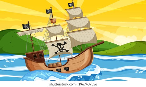 Océano con barco pirata al atardecer, escena en ilustración de estilo caricatura