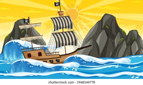 Ocean with Pirate ship at sunset time scene in cartoon style illustration