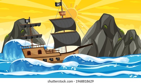 Ocean with Pirate ship at sunset time scene in cartoon style illustration