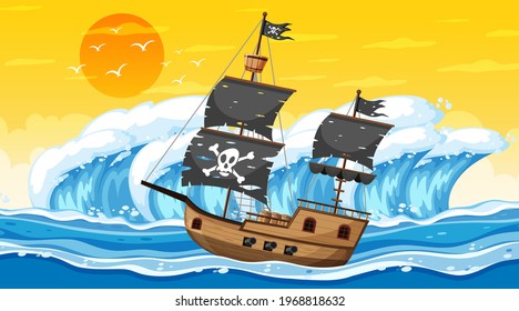 Ocean with Pirate ship at sunset time scene in cartoon style illustration