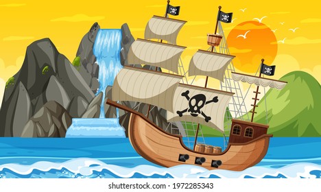 Ocean with Pirate ship at sunset time scene in cartoon style illustration