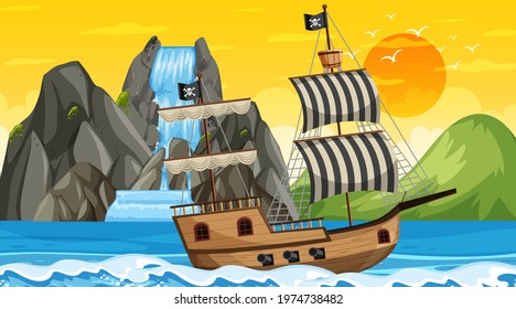 Ocean with Pirate ship at sunset time scene in cartoon style illustration