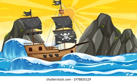 Océano con barco pirata al atardecer escena en ilustración de estilo de dibujos animados