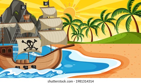 Ocean with Pirate ship at sunset time scene in cartoon style illustration