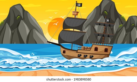 Ocean with Pirate ship at sunset time scene in cartoon style illustration