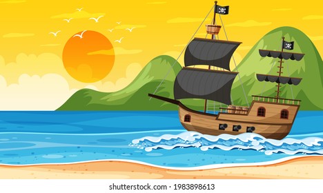 Océano con barco pirata al atardecer escena en ilustración de estilo de dibujos animados