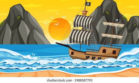 Ocean with Pirate ship at sunset time scene in cartoon style illustration