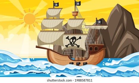 Ocean with Pirate ship at sunset time scene in cartoon style illustration