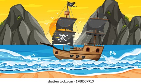 Ocean with Pirate ship at sunset time scene in cartoon style illustration