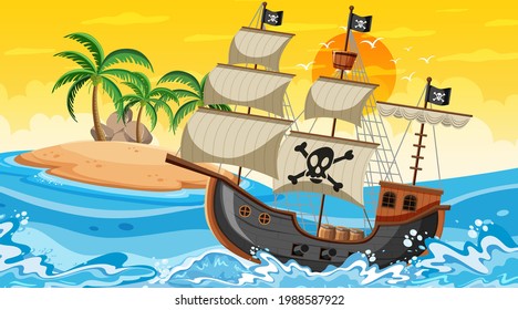 Ocean with Pirate ship at sunset time scene in cartoon style illustration