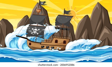 Ocean with Pirate ship at sunset time scene in cartoon style illustration