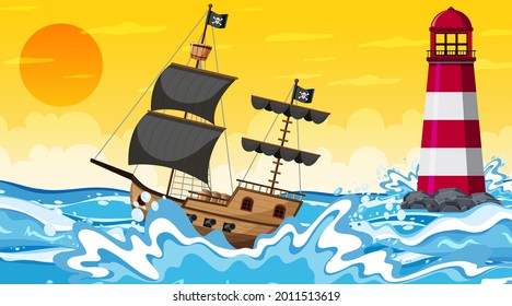 Ocean with Pirate ship at sunset time scene in cartoon style illustration