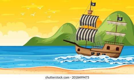 Océano con barco pirata al atardecer escena en ilustración de estilo de dibujos animados