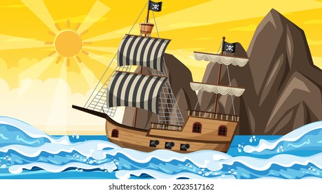 Ocean with Pirate ship at sunset time scene in cartoon style illustration