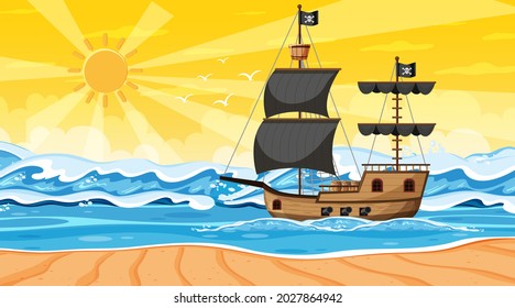 Ocean with Pirate ship at sunset time scene in cartoon style illustration