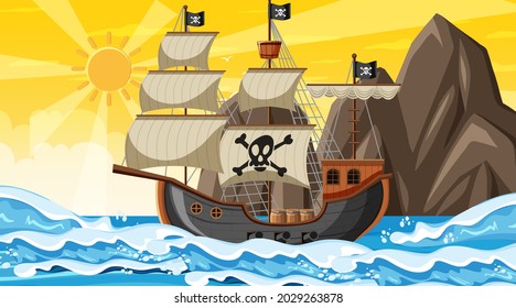 Ocean with Pirate ship at sunset time scene in cartoon style illustration