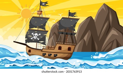 Océano con barco pirata al atardecer escena en ilustración de estilo de dibujos animados
