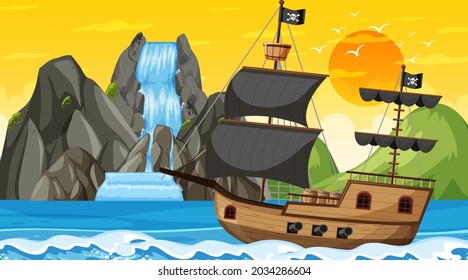 Ozean mit Piratenschiff bei Sonnenuntergang Szene in Cartoon-Art Illustration