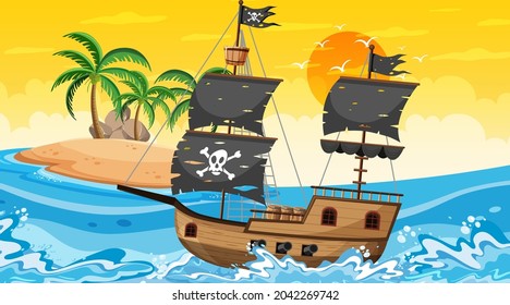 Ocean with Pirate ship at sunset time scene in cartoon style illustration