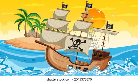 Ocean with Pirate ship at sunset time scene in cartoon style illustration