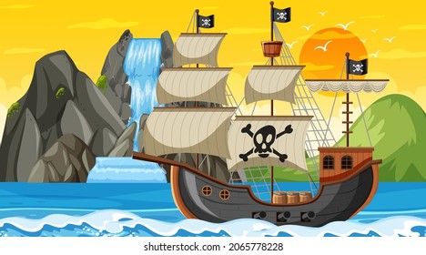 Ocean with Pirate ship at sunset time scene in cartoon style illustration