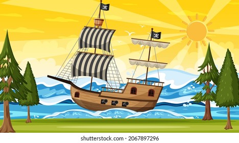 Ocean with Pirate ship at sunset time scene in cartoon style illustration