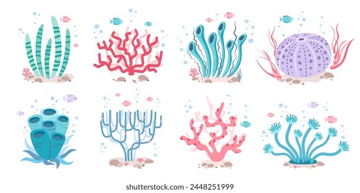 Ocean plants and coral set in simple style. Seaweed collection in flat design on a white background. 
