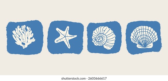 Ocean plants flora hand drawn modern Vector illustration. Set of various sea shells and corals. Aquarium plants.	