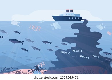 Ocean plastic garbage banner with ship and trash floating underwater surface. Sea dirty polluted water. Sick and dead fish. Planet pollution, ecological problem poster. Vector illustration
