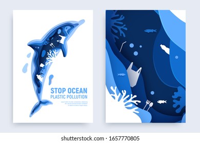 Ocean plastic pollution banner set with dolphin silhouette. Paper cut dolphin with plastic rubbish, fish, bubbles and coral reefs isolated on white background. Paper art vector illustration