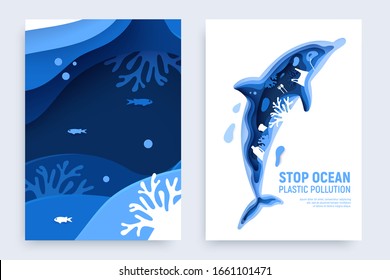 Ocean plastic pollution banner set with dolphin silhouette. Paper cut dolphin with plastic rubbish, fish, bubbles and coral reefs isolated on white background. Paper art vector illustration