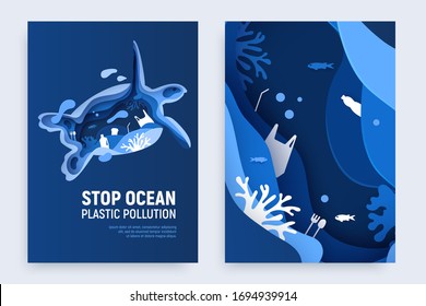 Ocean plastic pollution banner set with turtle silhouette. Paper cut tortoise with plastic rubbish, fish, bubbles and coral reefs on blue background. Paper art vector illustration