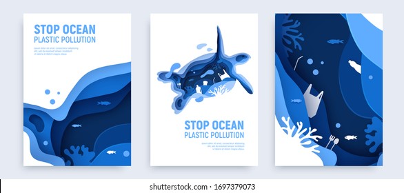 Ocean plastic pollution banner set with turtle silhouette. Paper cut tortoise with plastic rubbish, fish, bubbles and coral reefs isolated on white background. Paper art vector illustration