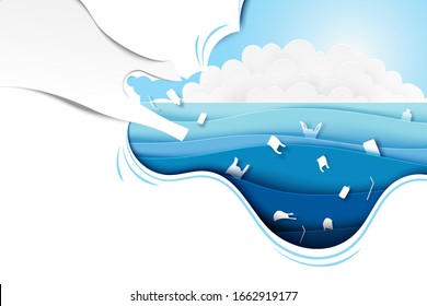 Banner-Hintergrund für die Verschmutzung durch Plastik im Ozean.Papier-Kunst des Ozeans, Erhaltung und nachhaltige Umwelt- und Umweltkonzepts.Vektorillustration-Illustration.