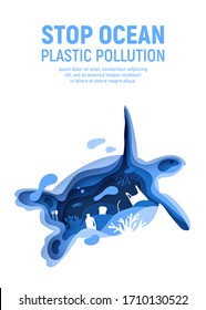 Ocean plastic pollution banner with turtle silhouette. Paper cut tortoise with plastic rubbish, fish, bubbles and coral reefs isolated on white background. Paper art vector illustration