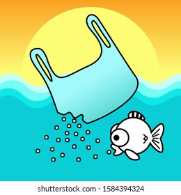 ocean plastic pollution concept. fish eat microplastic from plastic bag. vector illustration