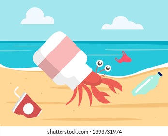 ocean plastic pollution concept. hermit crab with a plastic bottle shell. vector illustration