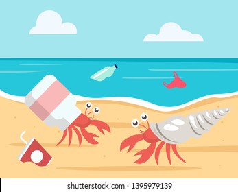 ocean plastic pollution concept. hermit crab with a plastic bottle shell. vector illustration