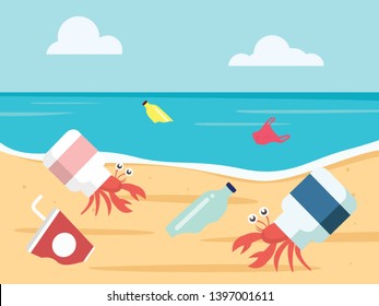 ocean plastic pollution concept. hermit crab with a plastic bottle shell. vector illustration