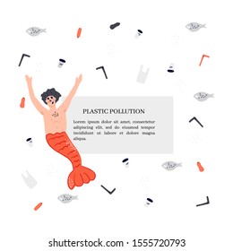 Ocean plastic pollution concept. Landing page or book illustration template. Dead merman and plastic products. 