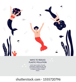 Ocean plastic pollution concept. Landing page or book illustration template. Two dead mermaids and one merman and plastic products. 