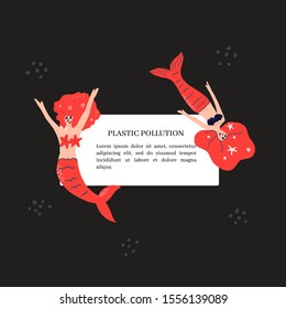 Ocean plastic pollution concept. Landing page or book illustration template. Two dead mermaids and plastic products