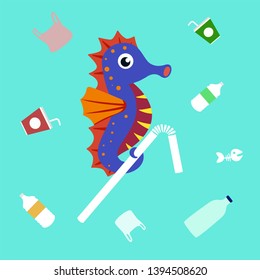 ocean plastic pollution concept. sea horse holding plastic garbage. vector illustration.