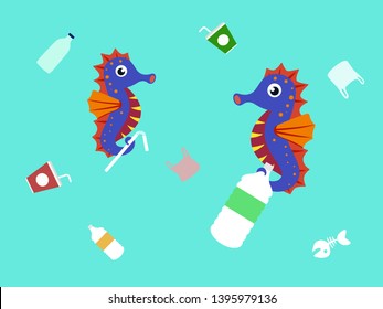ocean plastic pollution concept. sea horse holding plastic garbage. vector illustration.