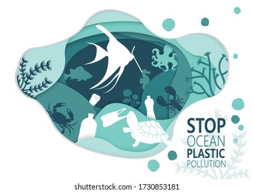 Ocean Plastic Pollution Critical Fish Crab Lobster Mackerel Calamari Piranhas Sea Horse turtle Angel fish Flat Icons Natural Underwater Coral Aquatic 