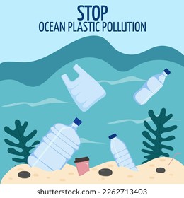 Ocean plastic pollution. Different type of plastic waste.