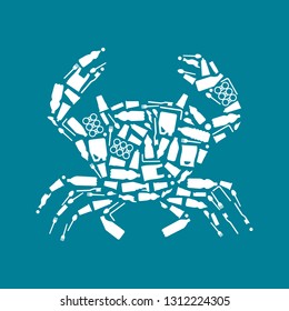 Ocean plastic pollution. Ecological poster Crab composed of white plastic waste bag, bottle on blue background. Plastic problem.