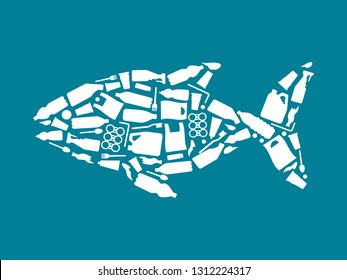 Ocean plastic pollution. Ecological poster Fish composed of white plastic waste bag, bottle on blue background. Plastic problem