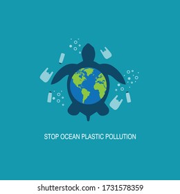 Ocean plastic pollution. Ecological poster. Turtles and Earth. Turtles consist of white plastic trash bags, bottles on blue background.