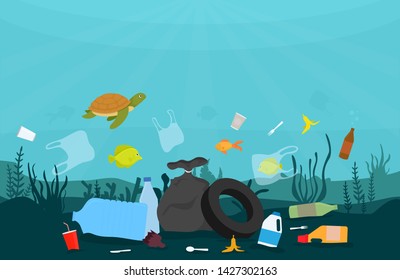 Ocean plastic pollution. Ecology problem of marine pollution. Vector illustration.